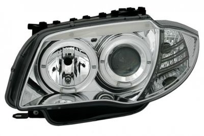ТУНИНГ ФАРОВЕ И СТОПОВЕ ЗА BMW Кристални фарове за BMW E87 / E81 Angel Eyes (2004-2009) - хром