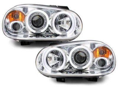 ТУНИНГ ФАРОВЕ И СТОПОВЕ ЗА VOLKSWAGEN Кристални фарове  Angel Eyes GOLF IV  - хром