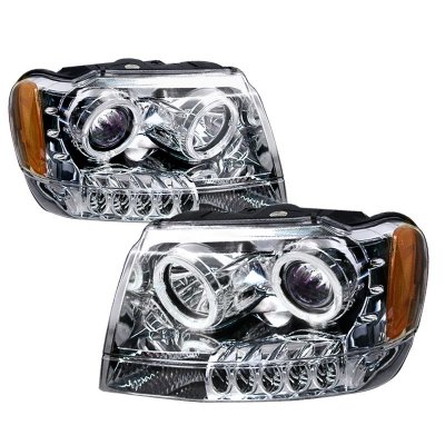 ТУНИНГ ФАРОВЕ И СТОПОВЕ ЗА JEEP Кристални фарове Angel eyes Jeep Grand Cherokee (99-05) - хром 