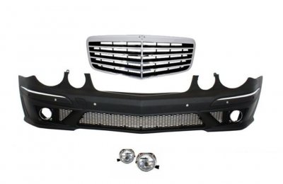 W211 E-Class (2002-2007) Предна тунинг броня за  Mercedes W211 E-Class (2002-2009) - AMG с решетка и халогени