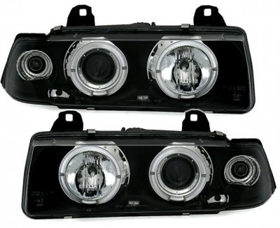 ТУНИНГ ФАРОВЕ И СТОПОВЕ ЗА BMW Кристални фарове за BMW E36  Angel Eyes (91-99) 2d coupe - черни